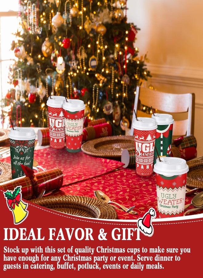 Nitial 100 Set Christmas Paper Cups 16 oz Disposable Coffee Cups with Lids Straw Christmas Paper Beverage Cups for Xmas Hot and Cold Drinks Tea Water Party Supplies(Ugly Design) - Image 4